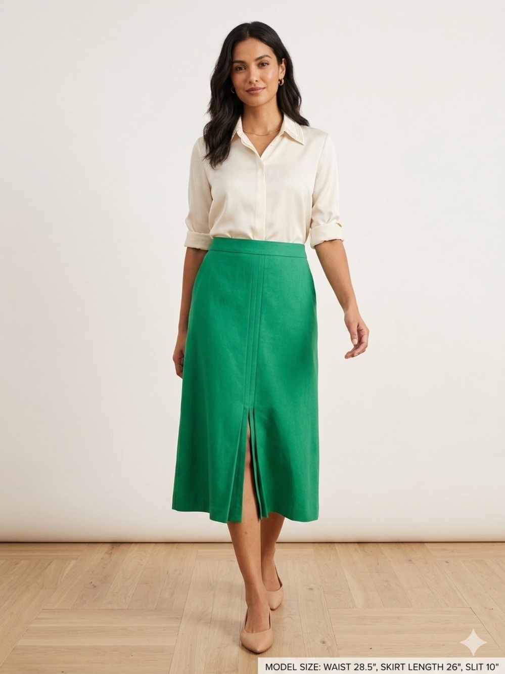 Classiques Entier Vibrant Green A-Line Midi Skirt with Front Slit Wool Blend